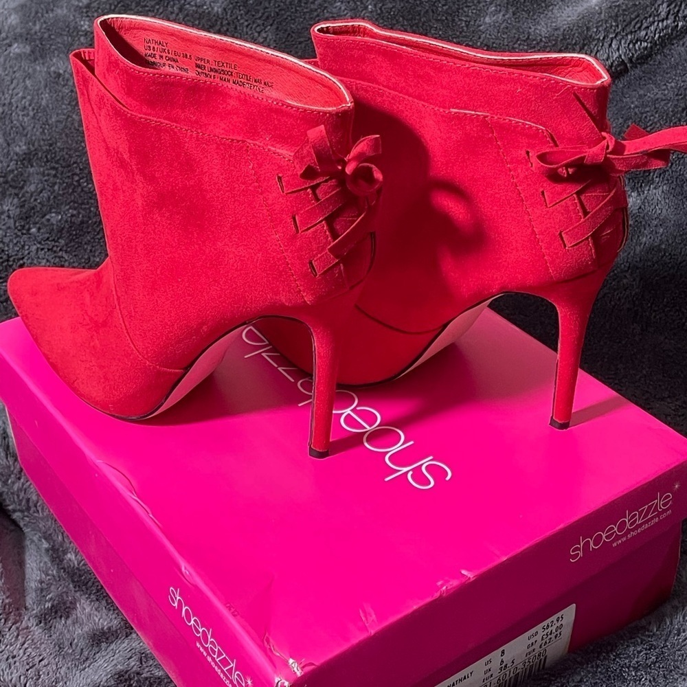 ShoeDazzle Nathaly Red High Heel Boots, Red Ribbon Lace Up Booties, Pointed Toe﻿